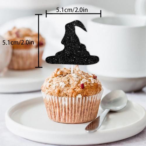 18pcs Black Pink Glitter Witch Hat Crown Dessert Cupcake Topper Pick for Princess Witch Party Theme Decor Supplies Men Women Boys Girls Happy Birthday Party Decoration