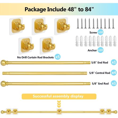 Set of 5 Size 48 to 84-96 Inch Curtain Rods No Drilling for Windows 48 to 84-96 Inch,Renter Friendly Drapey Pole with 5PCS No Drill Curtain Rod Brackets,Outdoor Long Cortineros Para Ventanas with Adhesive Curtain Rod Holder Gold