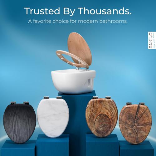 SANILO Wooden Toilet Seat with Soft Close [ELONGATED] - Decorative, Quiet & Slow Close Molded Wood Seat - With Strong Bumpers & Hinges - Adjustable Fit - Wood