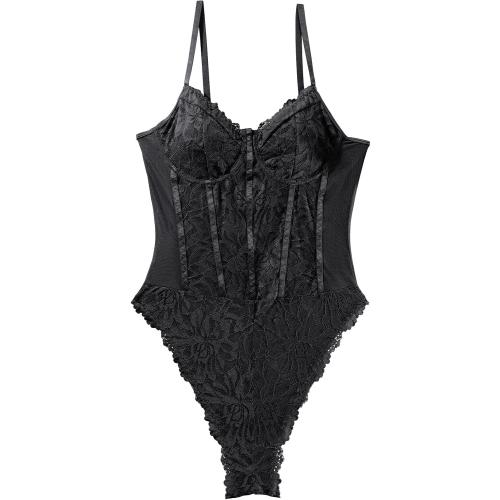Size S...Lilosy Sexy Mesh Sheer Floral Lace Corset Lingerie Bodysuit Bustier Cami Top