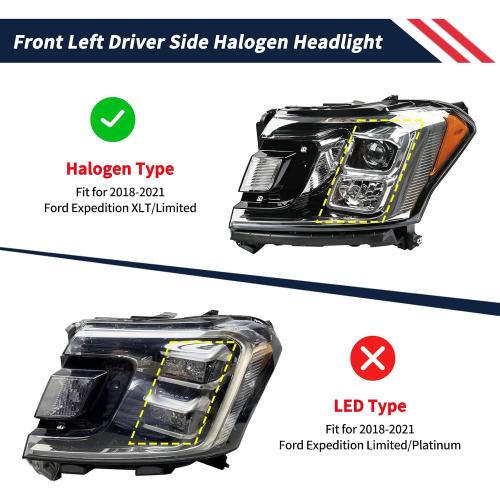 Halogen Headlight w/Bulbs Front Left Driver Side Headlamp Assembly JL1Z-13008-J JL1Z13008J FO2502370 Compatible with Ford Expedition XLT Limited 2018-2021