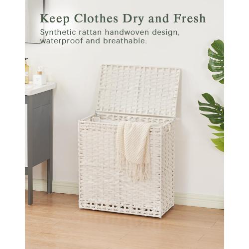 SETVSON Laundry Hamper with Lid Wicker Laundry Basket 112 L (29.6 Gal) Laundry Hampers Handwoven Rattan Clothes Hamper with Handles 3 Removable Liner Bag, 6 Mesh Bags for Bathroom Bedroom White