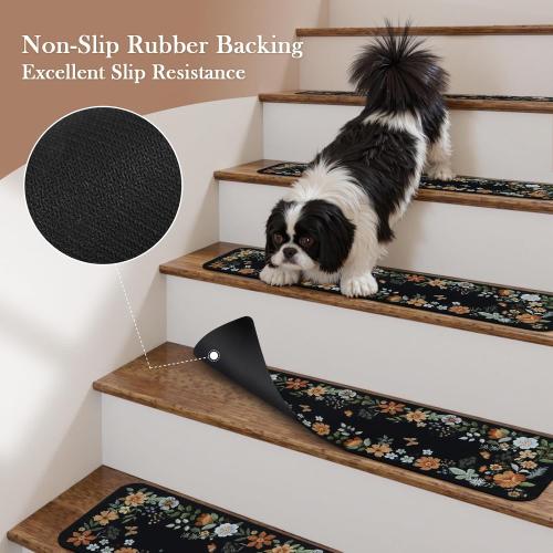 OJIA Floral Stair Treads Non-Slip Carpet Stair Treads for Wooden Steps Indoor 15PCS 30x8 Stair Runner Stair Mats Staircase Step Treads for Kids, Elders and Dogs, Stair Covers, Black