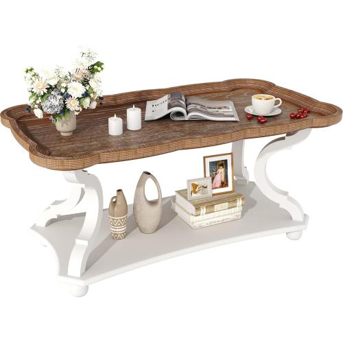 Function Home Farmhouse Coffee Table, 2-Tier Center Table with Storage Shelf, 39.8 French Country Rectangle Accent Table with Natural Tray Top and Curved Legs for Living Room Balcony, Vintage White