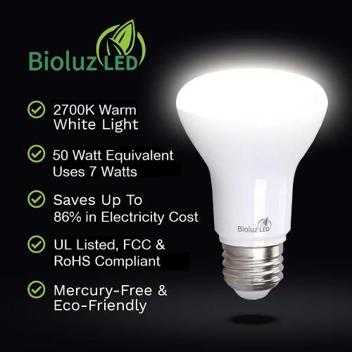 Bioluz LED 2 Pack BR20 LED Bulbs Indoor Flood Light R20 Dimmable High CRI 2700K Warm White, 50 Watt Equivalent Uses 7W, 540 Lumens UL Listed FCC RoHS Compliant