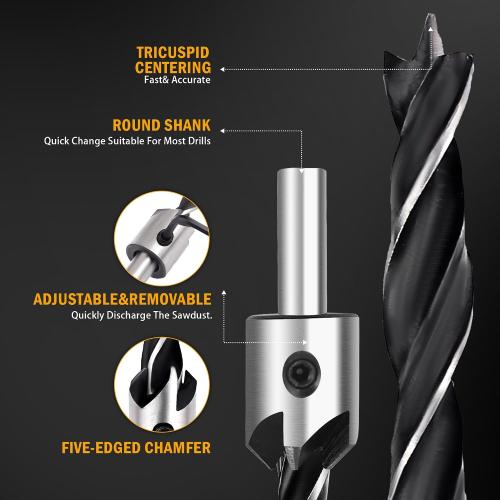 Countersink Drill Bit Set, 7Pcs Sinker Drill Bits M2 HSS, with 1/4 Standard Shank and Allen Wrench, Counter Sink Bit for Woodworking and Carpentry, Pilot Screw Hole Set