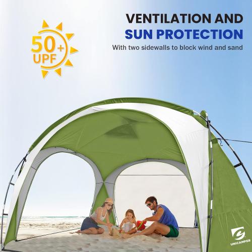 UNICAMPER Beach Tent 12 X 12ft Large UPF50  Pop Up Canopy with 2-Pcs Side Wall, Sun Shelter Rainproof, Waterproof for Camping Trips, Backyard Fun, Fishing, Parties, Or Picnics(Green)