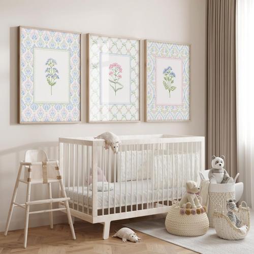 Lhoiplme Wildflower Nursery Wall Art Decor Baby Girl Room Canvas Prints Pastel Floral Wall Art Botanical Flower Pictures Pink Blue Wildflower Painting Artwork for Girls Bedroom 24x36x3 Inch Unframed