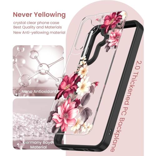 for Samsung Galaxy A25 5G Case Tempered Glass Screen Protector,Military Grade Protective Slim Soft TPU & Hard PC,Girls Women Crystal Clear Flower Pattern Case Cover for A25 5G-Black