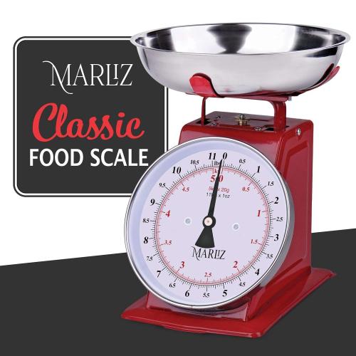 MARLIZ 11 lb/ 5Kg Mechanical Food Scale - Analog Kitchen Scale with 2 Bowls (Grams & Ounces) | Balanza de Cocina - Red Meat Scale