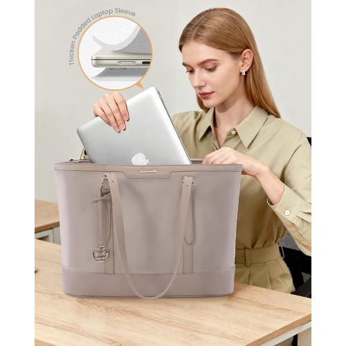 LOVEVOOK Work Tote Bag for Women 15.6 Inch Laptop Computer Bags with Cup Holder, Large Teacher Bag Briefcase for Business Office Travel Nude, Nylon&PU