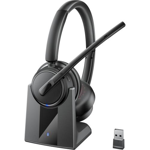Mopchnic Wireless Headset with Noise Cancelling Microphone, On-Ear Bluetooth Headset with USB Dongle, Mute Function & Charging Base, Wireless Headphones for Work from Home and Call Center (Black)