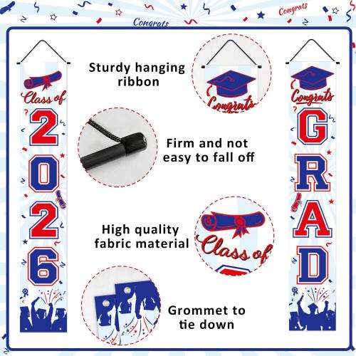 Graduation Decorations 2026 Porch Banner, Graduation Banner Class of 2026, Red and Blue Congrats Grad Decorations for Door and Porch Party Supplies