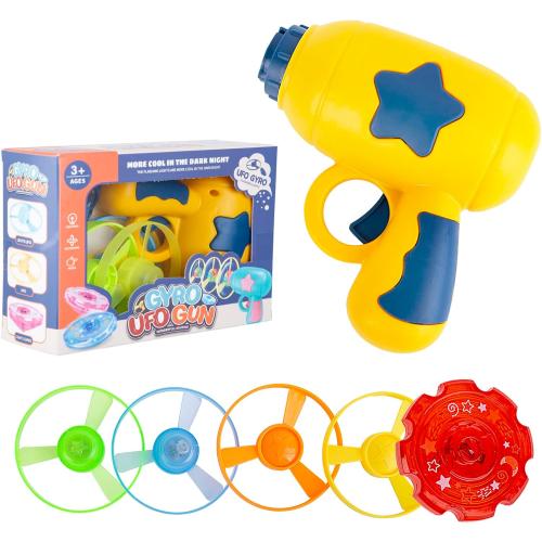 Berry President Flying Saucer Toy, Flying Disc Launch Playset with Rotating Flash Light, Indoor Outdoor Twist Shoot Toy for Kids Aged 3 Years Old & Up (Yellow)