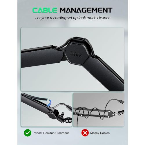 FIFINE Mic Boom Arm, Microphone Stand with Cable Management Channels, Extension Tube, Desk Clamp, Thread Adapter, Fully Adjustable Metal-Built Podcast Mic Arm for Streaming Gaming Recording-BM66T
