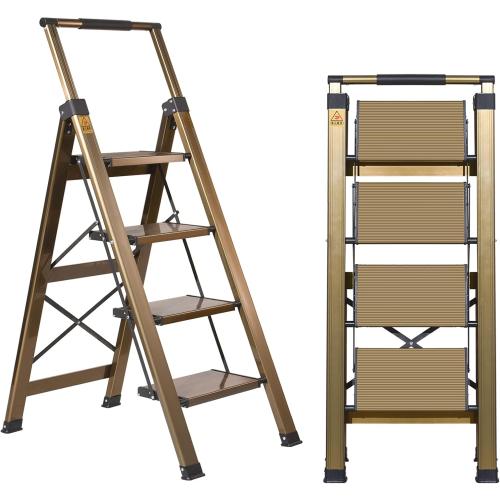 XinSunho 4 Step Ladder, Aluminum 4 Step Stool with Retractable Handrail and Anti-Slip Wide Pedal, Folding Stool Ladders 4 Steps, 330lbs Safety Household Slim Ladder