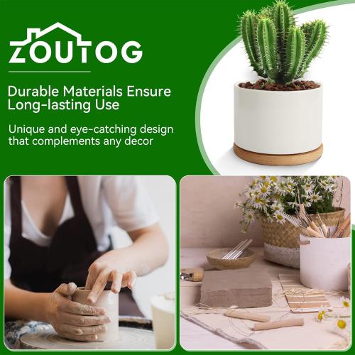 ZOUTOG Ceramic Succulent Pots,4 Inch Plant Pots,Succulent Planters with Drainage Hole & Bamboo Tray for Indoor Plants,White Small Flower Planters for Home,Office,Desk(6 Pack)