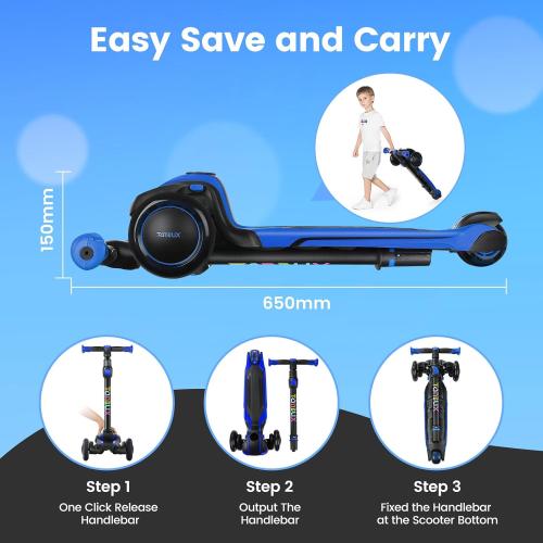 Blue and Black TONBUX Kids Scooter for Age 3-12, Toddler Scooter with 4 Adjustable Heights, Light Up 3-Wheels Scooter, Shock Absorption Design, Lean to Steer, Balance Training Scooter for Kids