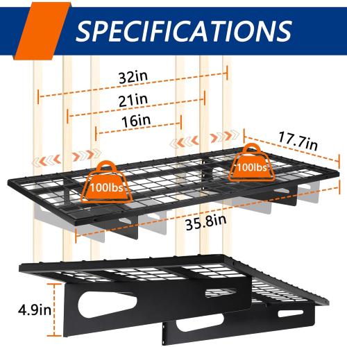 BLACK 2-Pack 1.5x3FT Garage Shelving 17.7-inch-by-35.8-inch Wall Shelf Garage Storage Rack Wall Mounted Floating Shelves, Black