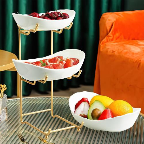 Ceramic Fruit Bowl for Kitchen Counter - 3 Tier Fruit Basket with Metal Stand, Tiered Fruit Stand for Countertop, Snack, Nuts, Cake, Dessert, Cute (Gold, Small) 1