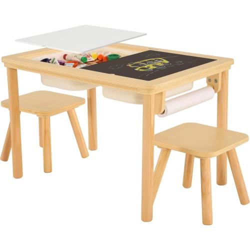 Bateso Sensory Table for Toddlers 1-3 with  Chairs & Roll Paper, Wooden Kid Activity Table Chair Set with Double-Sided Boards and Storage Bins for Sand and Water Play