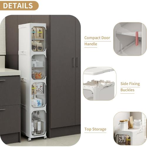 WHITE 4-Tier Tall Narrow Storage Cabinet, Slim Bathroom Storage Cabinet with Adjustable Shelves and Wheels, Narrow Organizer for Small Space, Bathroom, Kitchen, Laundry
