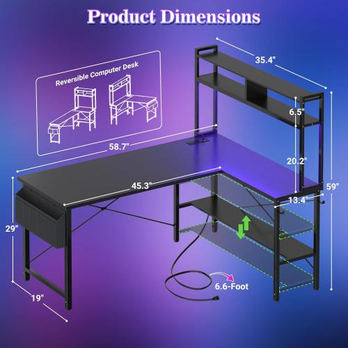Aheaplus L Shaped Desk Gaming Desk, 59 L Shaped Computer Desk with LED Light & Power Outlet, Reversible Home Office Desk Gamer Desks with Shelves & Storage Bag & Hooks, Corner PC Desk, Black
