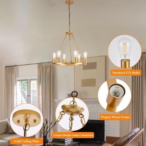 6 Lights 18.1 Gold Wagon Wheel Chandelier,