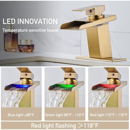 AVSIILE LED Bathroom Sink Faucet, Brushed Gold, Stainless Steel Spout