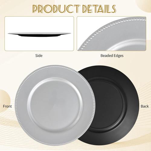 50 Pcs Silver Charger Plates Round Charger Plates13 Inch Bulk Wedding Dinner Elegant Reusable Plastic Chargers Plates Wedding Holiday Party Baby Shower Event Decoration (Silver)