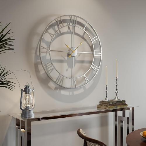 30 Inch Large Wall Clock, Modern Silver Metal Big Decorative Wall Clock Home Decor, Battery-Operated Roman Numeral Analog Metal Round Wall Clocks for Living Room, Bedroom, Office Black
