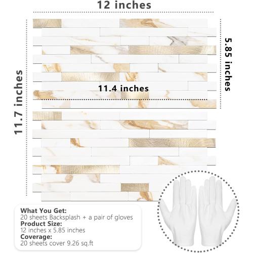 STICKGOO 20 Sheets Peel and Stick Backsplash Tile, Stick on Backsplash for Kitchen and Bathroom, Calacatta Gold Marble Look PVC Mixed Gold Self Adhesive Wall Tiles