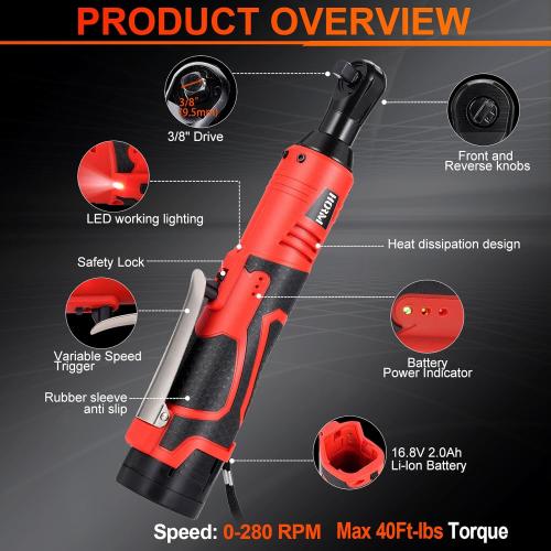 3/8 Cordless Electric Ratchet Wrench Set, 40 Ft-Lbs 16.8V Battery Power Ratchet Tool Kit with Variable Speed Trigger, 2 Packs 2.0Ah Battery, Charger, 7 Sockets