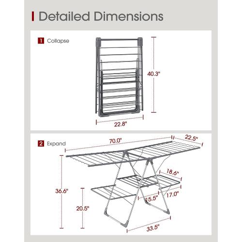 Sakugi Clothes Drying Rack, Foldable 2-Level with 70 Adjustable Wings | Laundry Room, Bedroom, Indoor & Outdoor Use, Height Adjustable, Clothing & Bedding, 70.0 L × 22.8 W, Gray