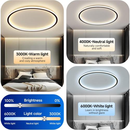 AOMEI 20-inch Round 3CCT Adjustable Ceiling Light - 50W 3000K/4000K/6000K Full Spectrum Flush Mount for Nursery & Wardrobe (Black)