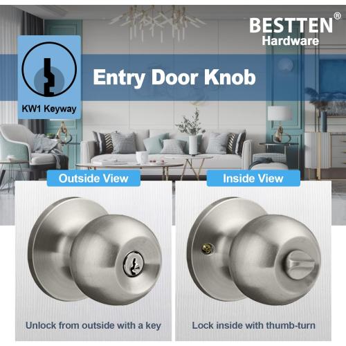 BESTTEN Keyed Entry Door Knob with Lock, Interior and Exterior Door Lock, Standard Ball, Satin Nickel