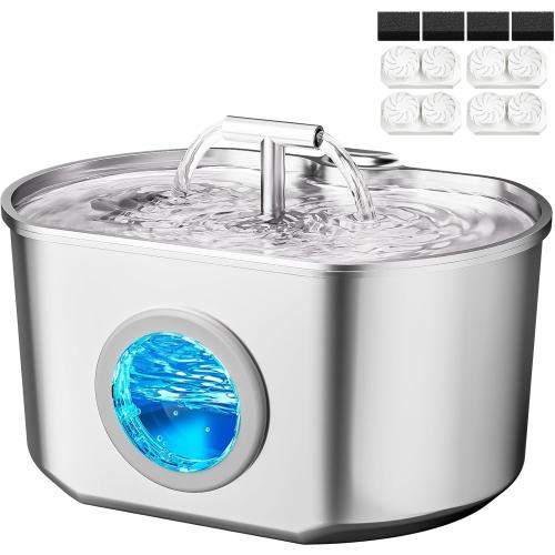 Cat Water Fountain Stainless Steel - Pet Drinking Fountain for Cats Indoor - 2.2L/74oz Automatic Water Dispenser with Watering Level Window (4 Filters) | Pet Water Fountain for Cats Inside - Ultra Quiet Pet Watering Dispenser - for Small Animals (4 Filters)