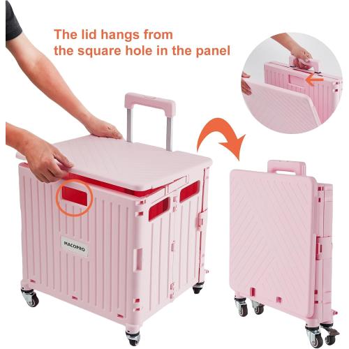 MACOPRO Folding Utility Cart Portable Rolling Crate Handcart Shopping Trolley Collapsible Tool Box, with Lid, Basket on 4 Rotate Wheels, for Grocery, Shopping, Office, Teacher (Pink)