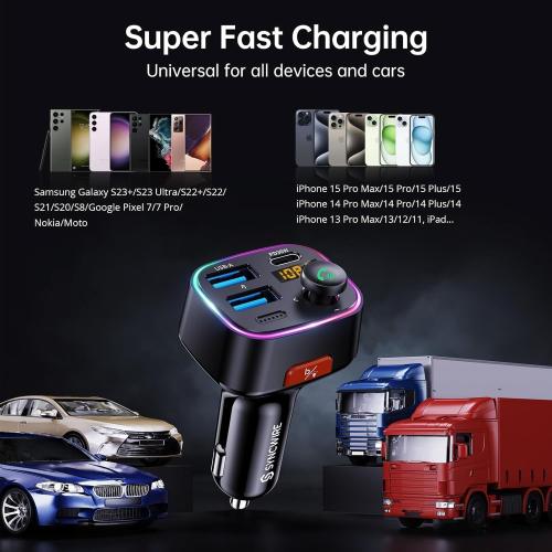 Syncwire Bluetooth 5.4 Car Adapter 48W FM Transmitter for Hands Free Calls | Light Switch, Fast Charge (PD 36W & 12W), HiFi Bass Sound, LED Display, USB Drive Support, Wireless Radio Music Adapter