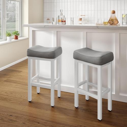 29 Inch Bar Height Bar Stools Set of 2, 29 Barstools for Kitchen Island Counter, Backless Bonded Leather Bar Height Stools with Thick Saddle Seats & Heavy Duty Metal Base, Easy Assembly, Gray/White