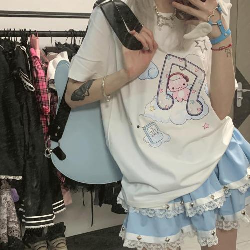 RILGOU Harajuku Style Pastel Kawaii Gothic Clothes Casual Crewneck Soft Cartoon Cute Cat Music Angel Print T-Shirt Size Large