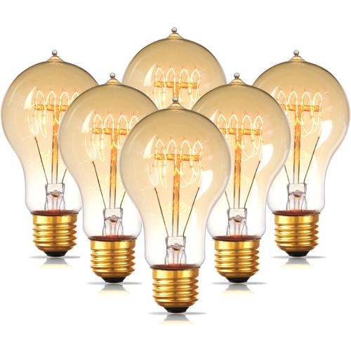 Jslinter 6-Pack Edison Light Bulb 60 Watt, Dimmable A19 Antique Vintage Old Fashioned E26 Incandescent Light Bulbs, Amber Warm White