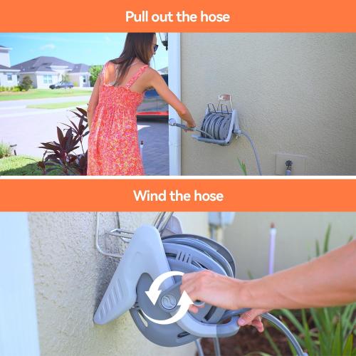 Flora Guard Garden Hose Holder With 1/2 Inch 65Ft Freeze-resistant UV Software, Hose Reels Wall Mount, Removable Hose Reel, 3/4 Pressure Fitting and 9-Pattern Nozzle, Gray