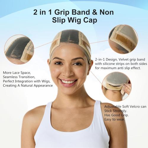 Wig Cap with Grip Band for Keeping Wigs in Place, More Full Cap-wide Transparent Lace for Lace Front Wigs - Non Slip Cap Make Your Wig Be Glueless (Nude, L)