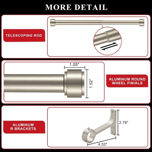 Brushed Nickel Curtain Rods for Windows 28 to 48, 1-Inch Curtain Rods with Aluminum Brackets and End Cap Finials, Adjustable Drapery Rods for Sliding Glass Door/Bedroom/Kitchen/Living Room Etc.
