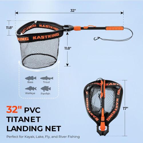 KastKing Titanet Fishing Net, Durable Aluminum Handle, Non-Slip Hi-Vis Grip, Compact Bag & Lanyard, Ideal for Kayak, Lake, Fly, or River Fishing, 2 Net Options