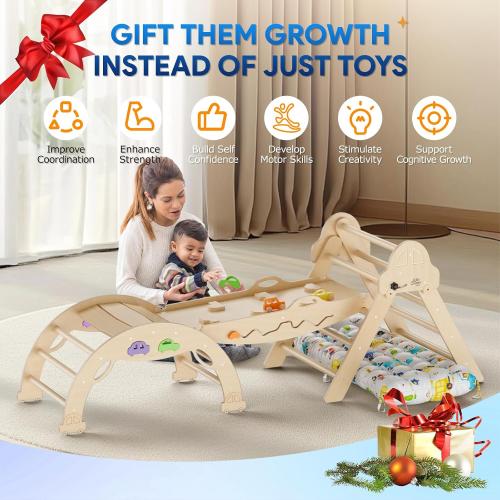 Pikler Triangle Set with Cushion 9 in 1 Foldable Montessori Climbing Toys for Toddlers 1-3 Indoor Wooden Kids Playground Baby Climbing with Maze Toys, Shape Sorter Toys, Car
