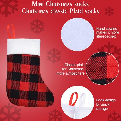 Skylety 24 Pcs Christmas Stockings Bulk Mini Xmas Buffalo Plaid Stocking Plush Cuff Hanging Decorations for Holiday Party Favors