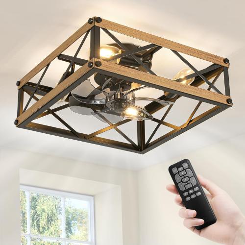 Caged Ceiling Fan with Lights, Farmhouse Rustic Square Flush Mount Ceiling Fan with Light and Remote, Reversible 7 Speeds Motor, Small Bladeless Ceiling Fans for Living Room, Bedroom, Kitchen