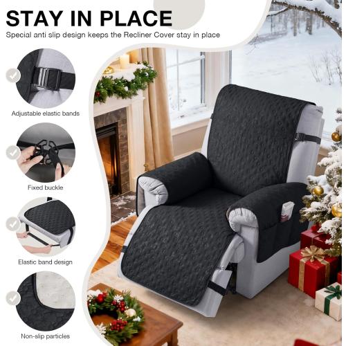 VANSOFY 100% Waterproof Recliner Chair Cover, Recliner Cover with Non-Slip Granule, Washable Reclining Chair with Pocket Furniture Protector for Kids, Pets(Black, 30)